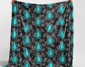 Cattle Brands Blanket, Western Turquoise Stone Decor, Gift for Cowgirl, Farmhouse Ranch Sofa Throw