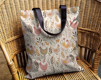 Cottagecore Chicken Tote Bag, Floral Chicken Lover Tote, Gift for Chicken Mama, Aesthetic Chicken Bag, Farm Aesthetic Reusable Tote Bag