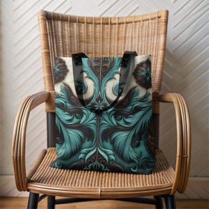 Western Tooled Look Turquoise Tote Bag, Canvas Hand Tooled Leather Appearance, Country Concert Bag, Gift for Southwestern Lover