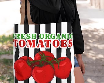 Bolso de mano con estampado de tomates rayados, regalo de verano a la moda para jardineros, bolso para el mercado agrícola.