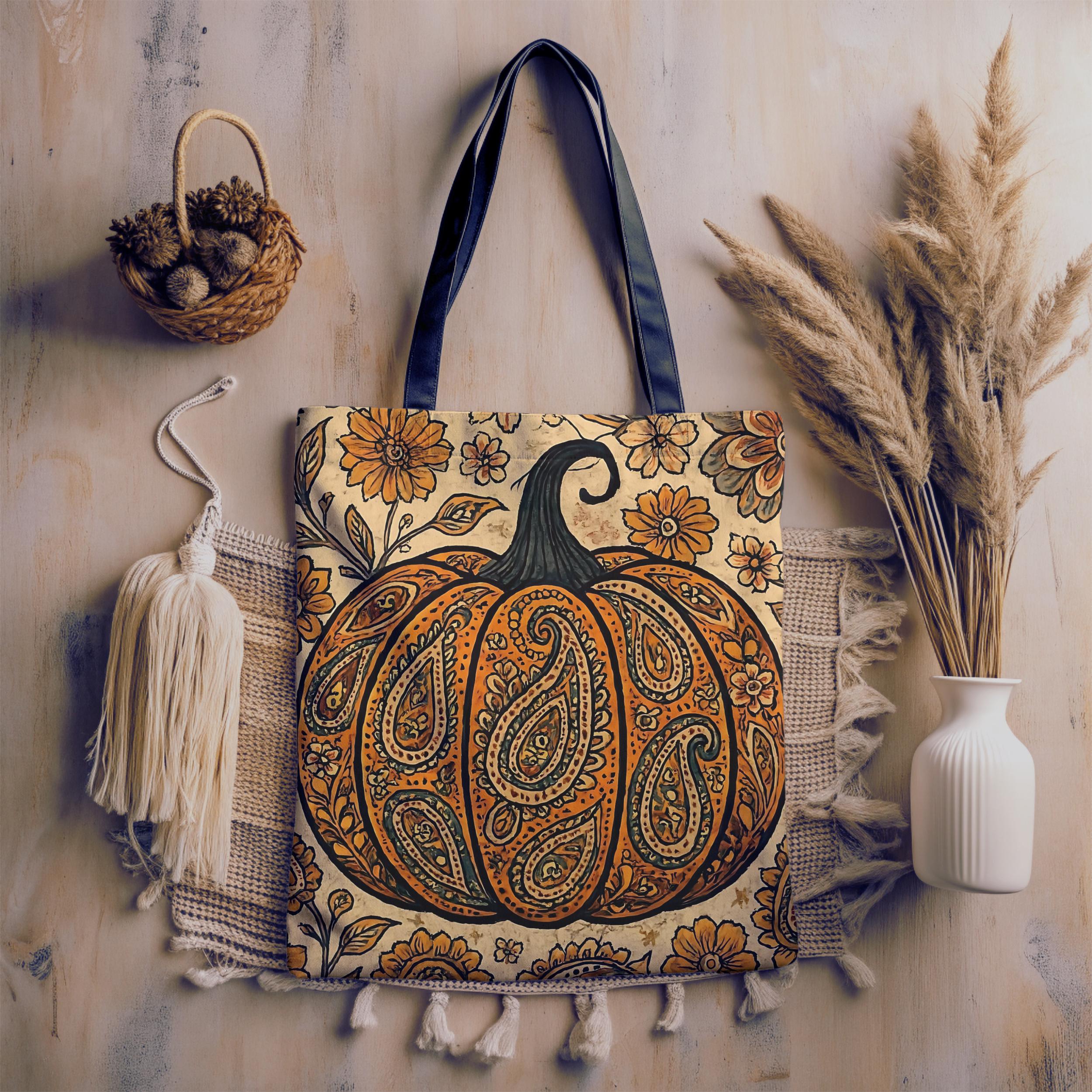 Fall Pumpkin Canvas Tote Bag - Floral Checkered Reusable Shopping Bag For Women, Autumn Shoulder Tote
