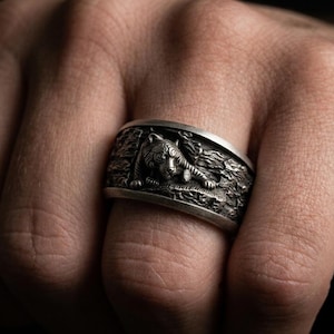 Sterling Silver Tiger Ring – Handcrafted Oxidized Wide Band, Strength Symbol