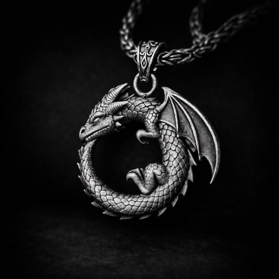 Sterling Silver Dragon Pendant, Oxidized Norse Viking Necklace, Gothic Fantasy Jewelry Him