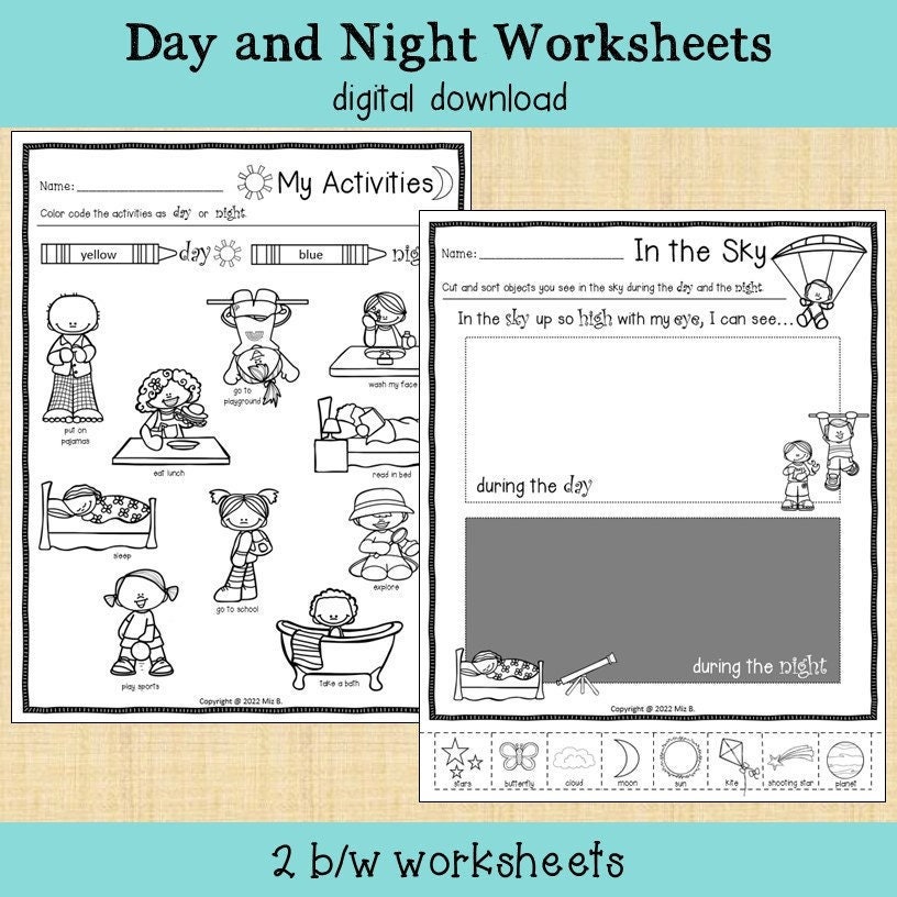 Day and Night - Cut and Sort &amp; Color and Sort Printable Worksheets - Etsy
