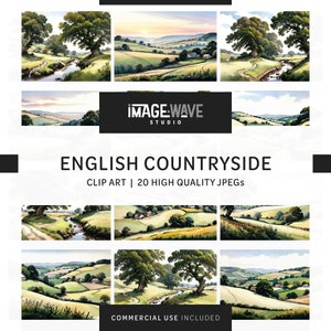 Puede incluir: Un conjunto de ilustraciones digitales de 20 imágenes JPEG de alta calidad que representan el campo inglés. Las imágenes presentan colinas verdes onduladas, ríos sinuosos, casas rurales pintorescas y árboles exuberantes. Las imágenes son perfectas para usar en scrapbooking digital, creación de tarjetas y otros proyectos creativos.