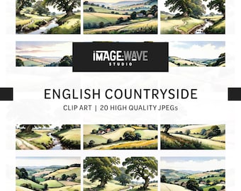 English Countryside, 20 wysokiej jakości plików JPG, cyfrowy planer, dziennik śmieciowy, akwarela, sztuka ścienna, zastosowanie komercyjne - pobieranie cyfrowe
