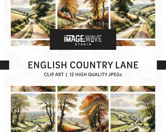English Country Lane, akwarela, clipart: 12 plików JPG, do użytku komercyjnego (pobranie cyfrowe)
