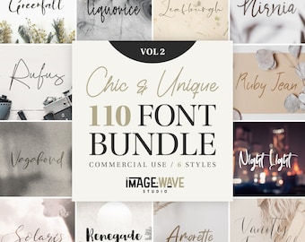 Op de afbeelding: Een verzameling lettertypen, waaronder "Greenfall", "liquorice" en "Leaftburgh", met de tekst "Chic & Unique 110 FONT BUNDLE" en "COMMERCIAL USE / 6 STYLES". Het Image Wave Studio logo is ook zichtbaar.