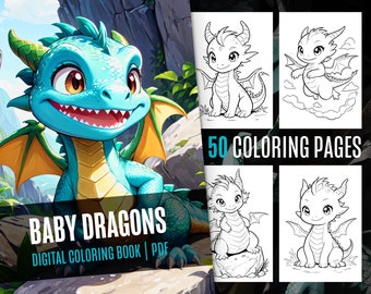 Słodkie małe smoki kolorowanka, 50 kolorowanek dla dzieci/dorosłych, fantasy, kawaii, skala szarości, las, zamek, do druku PDF - cyfrowe pobieranie