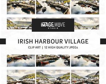 May include: A watercolor painting of a charming Irish harbor village with colorful houses, boats, and a rocky coastline. The painting features a calm, blue-green water with reflections of the buildings and boats. The sky is a soft, cloudy gray.