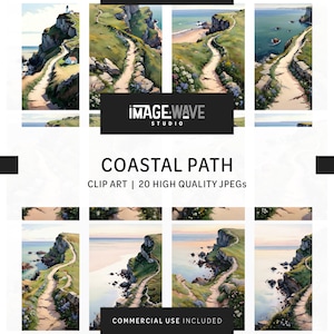 May include: A set of 20 high-quality digital images featuring a winding coastal path with a lighthouse in the distance. The path is surrounded by lush green grass and wildflowers, and the sea is visible in the background. The images are perfect for use in digital scrapbooking, card making, and other creative projects.
