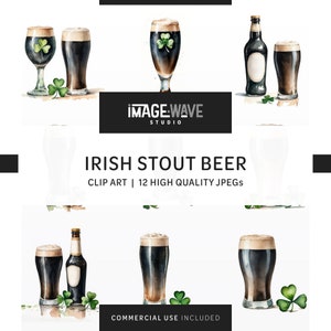 May include: A digital illustration of a set of 12 watercolor images of Irish stout beer in glasses and bottles. The images include shamrocks and are perfect for St. Patrick's Day.