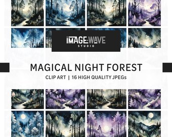 Magical Night Forest, 16 wysokiej jakości plików JPG, scrapbooking, księga pamiątkowa, dzienniki śmieci, cyfrowy planer, rzemiosło, natychmiastowe pobieranie