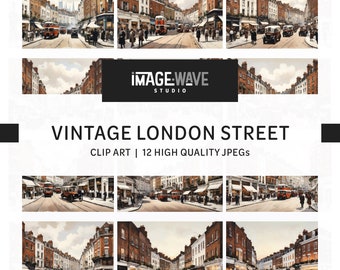 Vintage London Street, 12 wysokiej jakości plików JPG, cyfrowy planer, dzienniki śmieci, sztuka ścienna, odzież, zastosowanie komercyjne - pobieranie cyfrowe