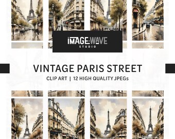 Vintage Paris Street, 12 wysokiej jakości plików JPG, cyfrowe planery, dzienniki śmieci, sztuka ścienna, akwarela, zastosowanie komercyjne - pobieranie cyfrowe