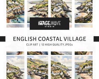 English Coastal Village, 12 wysokiej jakości plików JPG, cyfrowy planer, dzienniki, albumy, cyfrowy planer, rękodzieło, karty, pobieranie cyfrowe
