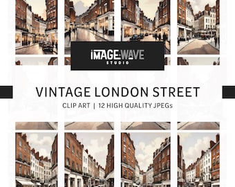Klipart akwarelowy przedstawiający ulicę Londynu w stylu vintage: 12 plików JPG (pobranie cyfrowe)