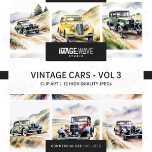 Vintage Cars Vol 3, 12 fichiers JPG de haute qualité, aquarelle, scrapbooking, journaux indésirables, agendas, sublimation, art mural, usage commercial, téléchargement