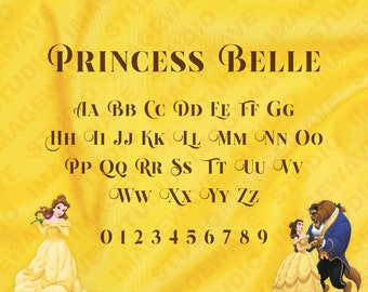 Może przedstawiać: Żółte tło z tekstem "PRINCESS BELLE" w brązowych literach. Pod tekstem znajduje się alfabet czcionki w brązowych literach, a następnie liczby od 0 do 9 w brązowych literach. Obraz przedstawia dwie ilustracje Belle i Bestii z filmu Disneya Piękna i Bestia.
