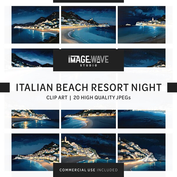 Italian Beach Resort Night, 20 High Quality JPGs, Memory Book, Journals, Scrapbook, Planners, Commercial Use, Digital Download