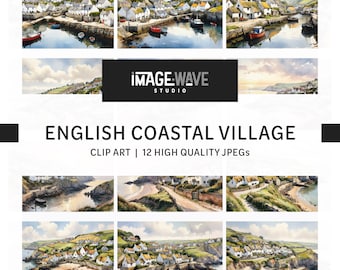 English Coastal Village, 12 wysokiej jakości plików JPG, cyfrowe planery, dzienniki śmieci, księgi pamiątkowe, albumy, rękodzieło, pobieranie cyfrowe