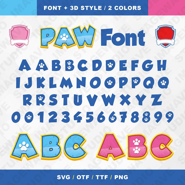 Pfote Schrift SVG Alphabet OTF, Pfote Buchstaben, 3D Pfote Alphabet Clipart, Pfote Schrift Blau Pink, Pfote svg png ttf otf, Vinyl Schnitt Datei, digitaler Download