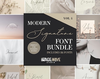 Op de afbeelding: Een collage van 24 moderne handtekeninglettertypen, perfect voor huwelijksuitnodigingen. De lettertypen worden weergegeven in een raster van 12 vierkanten, elk met een andere lettertype naam en een achtergrondafbeelding. De lettertypen zijn allemaal in een cursief stijl en zijn gemakkelijk te lezen. De tekst "MODERN SIGNATURE FONT BUNDLE INCLUDES 24 FONTS" wordt in het midden van de collage weergegeven.