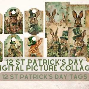 Set of 24 pieces Vintage St Patrick's Day bunnies picture collage printable cards atc, decoupage digital papers set