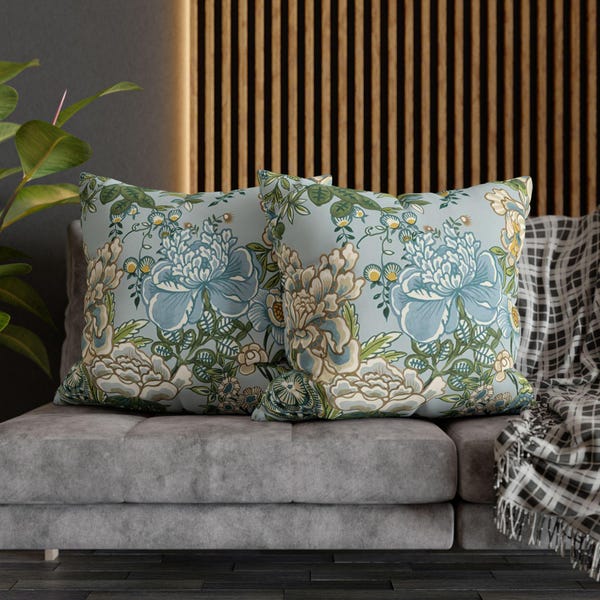 Blue Peony Garden Pillow Cover  Designer Accent Cushion