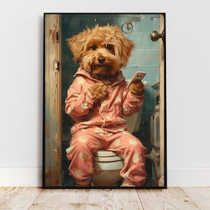 Dog sitting on the toilet, looking at the phone, funny bathroom toilet decor, funny animal print, Printable, Digital Art