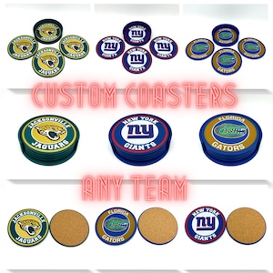 Custom Team Logo Coasters - Set of 4 w/ Holder