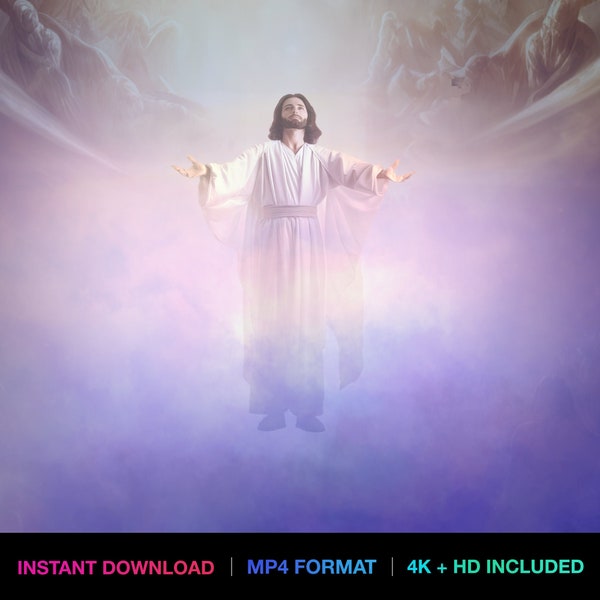 MP4 animation video of Jesus Christ rising up towards heaven, spiritual clouds and light, eternal Christian illustration