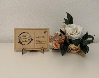 Postkarte Blumen aus Holz mit Wunschtext und eigenem Stativ - Liebesbrief - Valentinstag - romantische Botschaft - Heiratsantrag