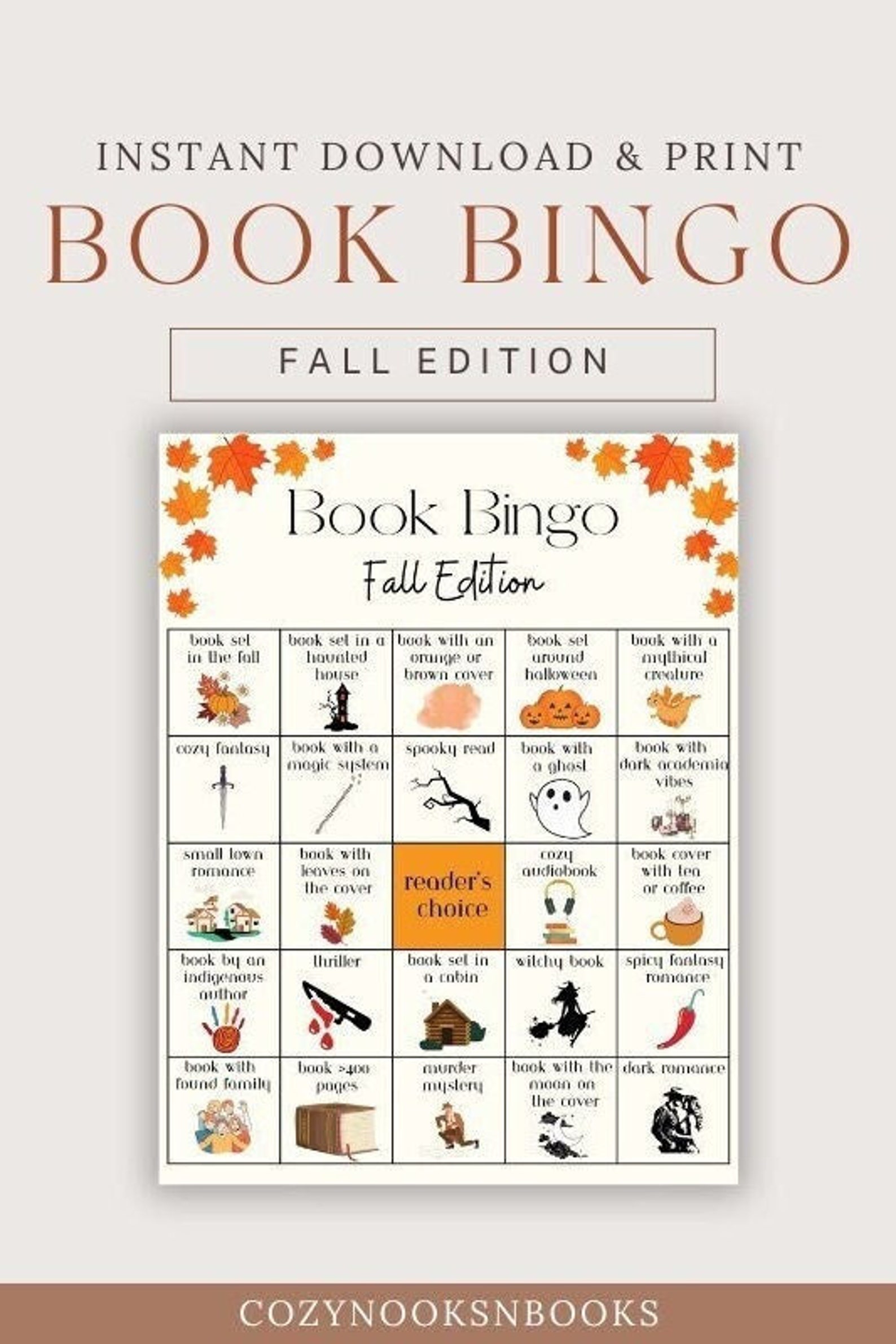 Cozy Fall Book Bingo Printable TBR Reading Challenge Autumn-themed ...