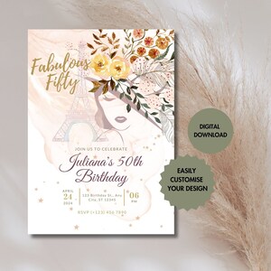 Editable Fabulous Fifty, Sixty, Seventy Birthday Invitation Glamorous Chic Paris Birthday Invite for her gold pink blush floral invitation