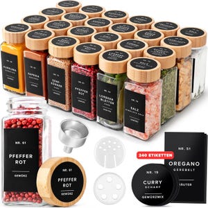 EDELHAUS Gewürzgläser Eckig Set mit Bambusdeckel (24 x 120ml) mit 240 Gewürzetiketten