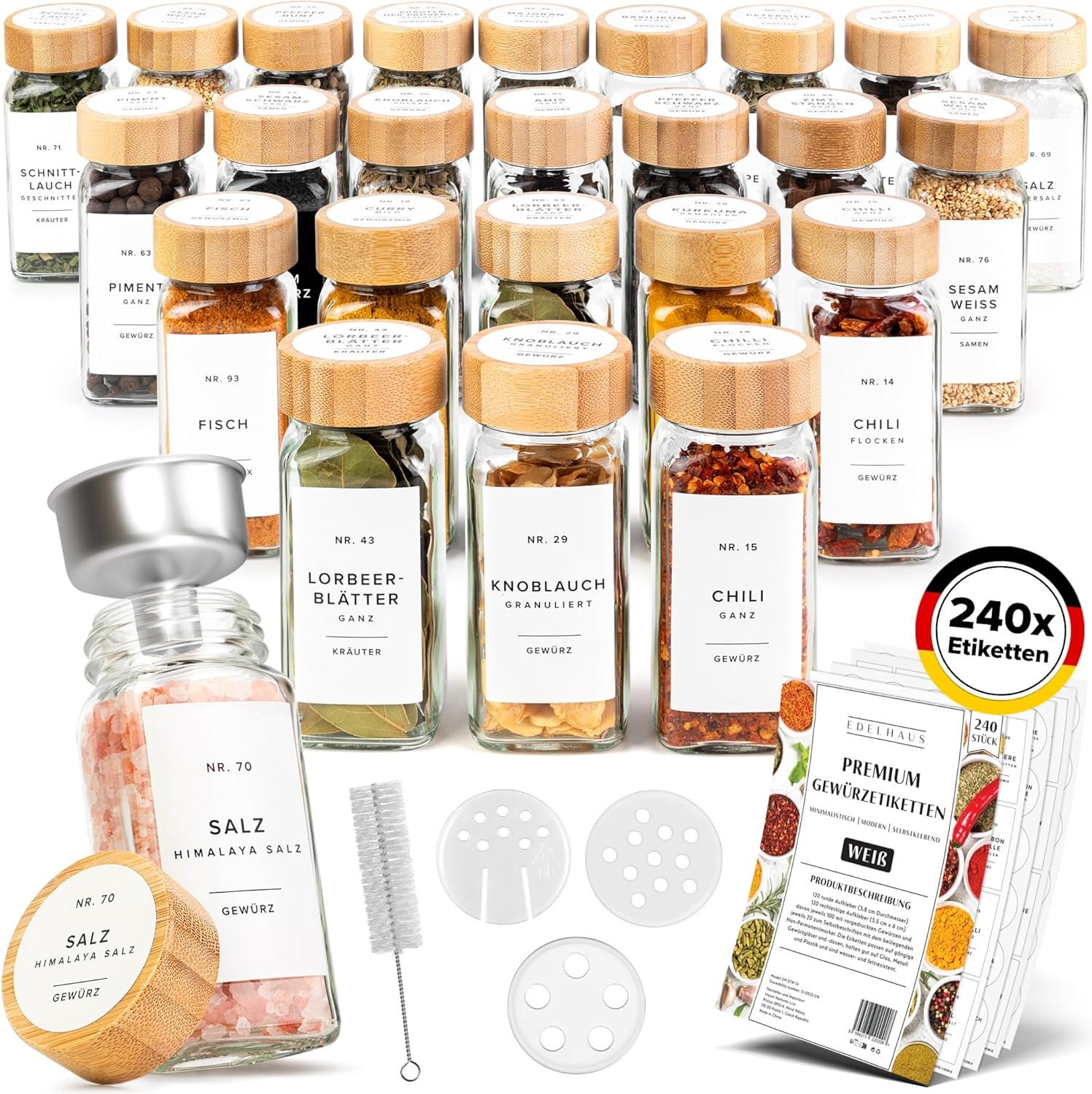 EDELHAUS® Gewürzgläser Eckig mit Bambus Holzdeckel (24 Stück) Gewürzdosen mit Streueinsatz und 240 Etiketten