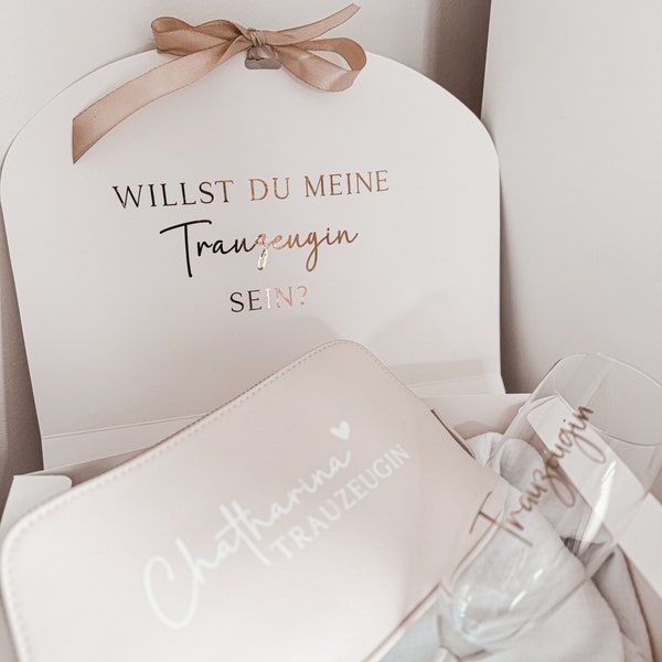 Geschenkbox „Willst du meine Trauzeugin sein? |personalisierte Clutch oder Kosmetiktasche und Sektglas | Hochzeit | Trauzeugin  | Geschenk
