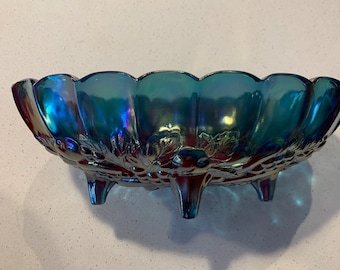 Iridescent Blue Carnival Glass Footed Bowl
