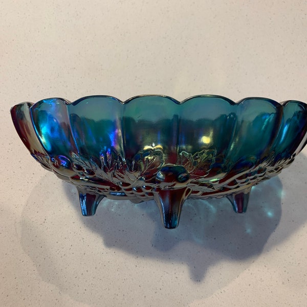 Iridescent Blue Carnival Glass Footed Bowl