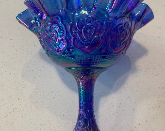 Fenton Persian Medallion Carnival Glass Ruffled Compote- Rare/Unique Color