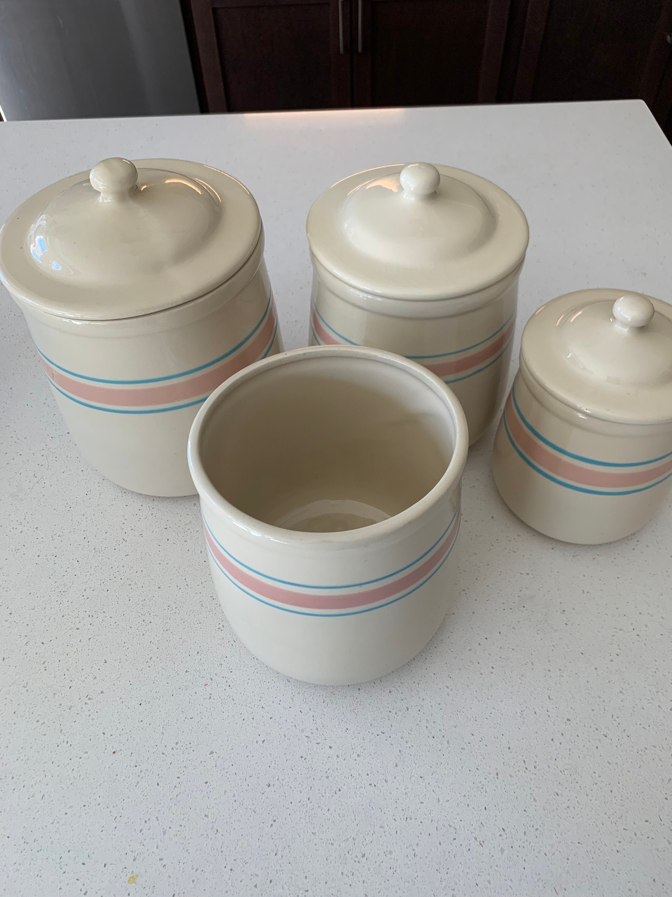 Mccoy Pottery Pink and Blue Banded Stoneware Canister Set With