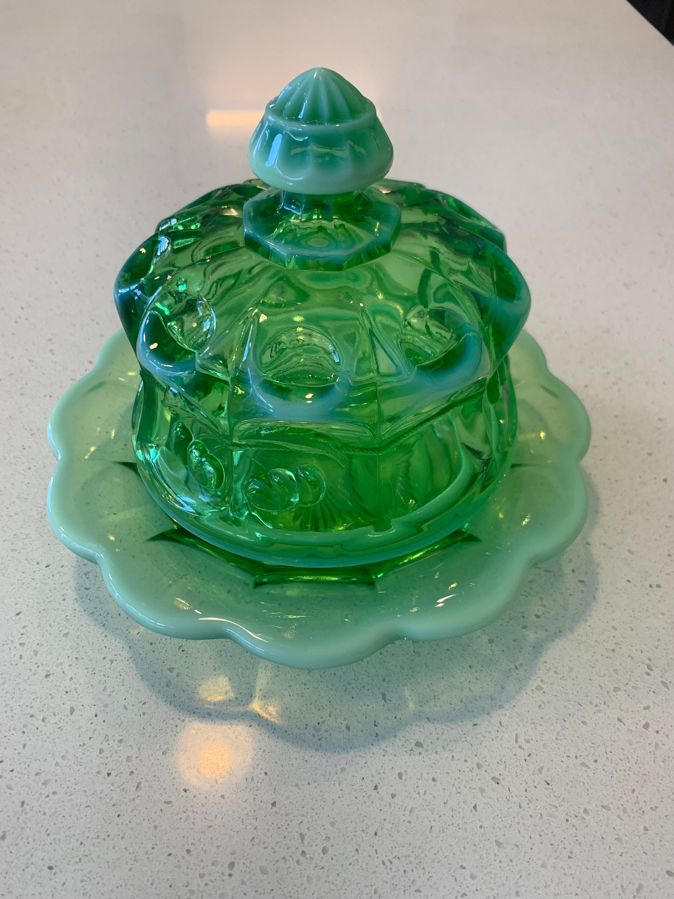 Mosser Glass Cherry Opalescent Green Lidded Butter Dish - Etsy