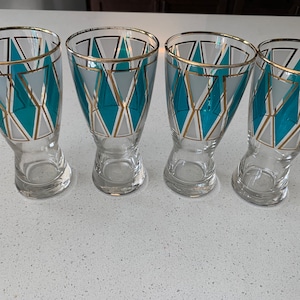 Green Diamond and Gold Pilsner Glasses by Libbey- Set of 4