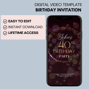 May include: A digital birthday invitation template displayed on a smartphone screen. The design features gold text that reads "John's 40th Birthday Party" against a dark red background with bokeh effects. The invitation includes the date, time, and location.
