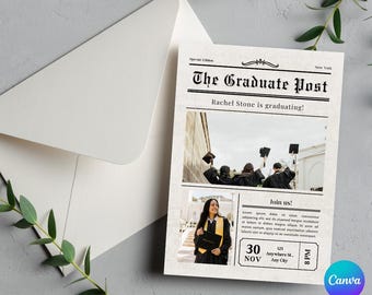 Digital Graduation Newspaper Invitation 2025, Editable Canva Template, College Graduation Announcement, Printable Grad Invite