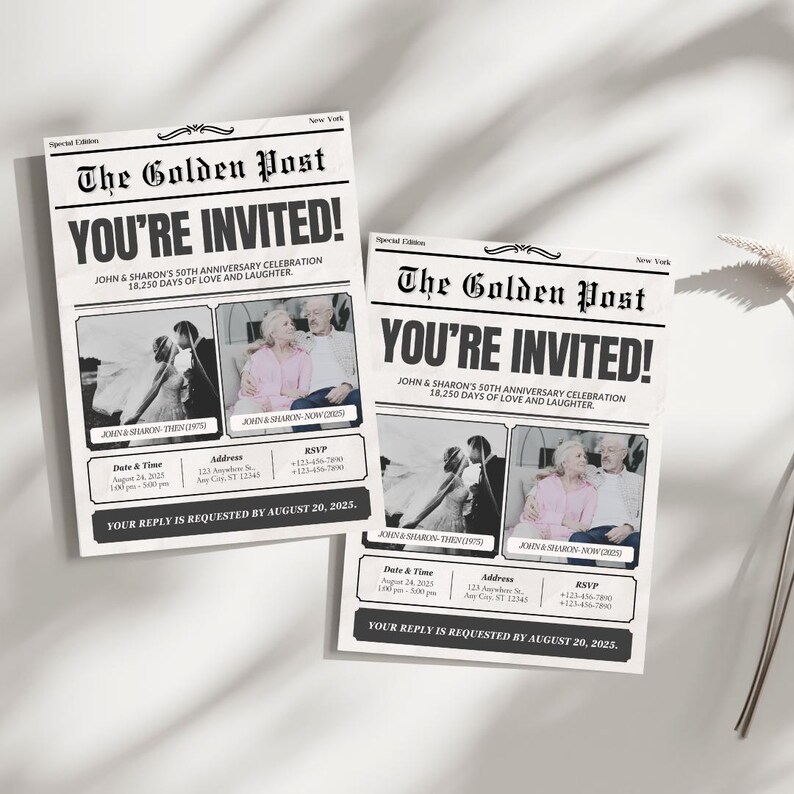 Peut inclure: Une invitation de style journal noir et blanc pour une c&eacute;l&eacute;bration de 50e anniversaire. L'invitation pr&eacute;sente deux photos du couple, l'une de leur jour de mariage et l'autre du pr&eacute;sent. Le titre principal est "The Golden Post" et "You're Invited!" avec le texte "John & Sharon's 50th Anniversary Celebration 18,250 Days of Love and Laughter."