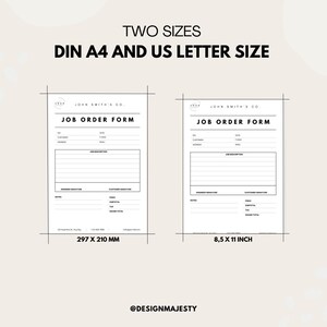 K&ouml;nnte beinhalten: Zwei druckbare Auftragsformulare in Schwarzwei&szlig;, eines im US-Letter-Format (8,5 x 11 Zoll) und eines im DIN A4-Format (297 x 210 mm). Die Formulare enthalten Felder f&uuml;r Kundeninformationen, Auftragsbeschreibung, Notizen und Unterschriften.