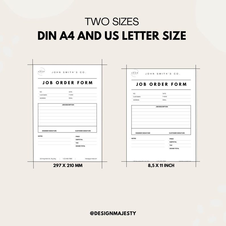 K&ouml;nnte beinhalten: Zwei druckbare Auftragsformulare in Schwarzwei&szlig;, eines im US-Letter-Format (8,5 x 11 Zoll) und eines im DIN A4-Format (297 x 210 mm). Die Formulare enthalten Felder f&uuml;r Kundeninformationen, Auftragsbeschreibung, Notizen und Unterschriften.