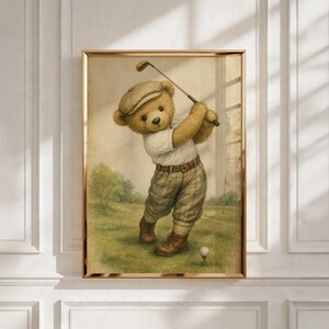 Lámina infantil Vintage Golf Bear, decoración única para habitación de niño, regalo para baby shower, descarga digital. imagen 7